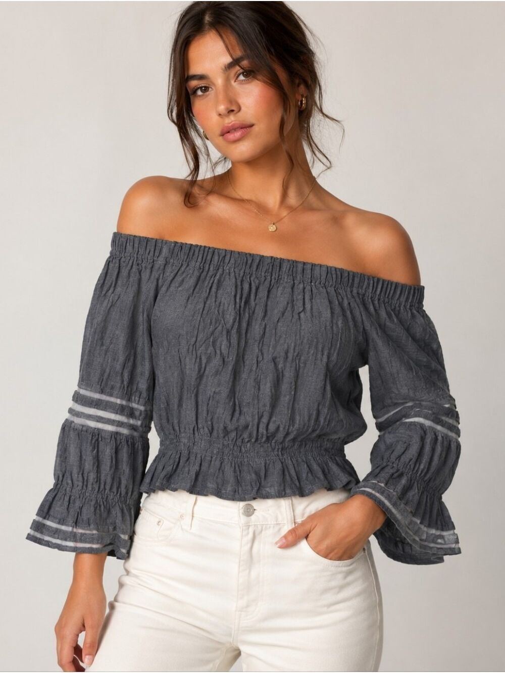 27 Miles Malibu Smara Gray Off Shoulder Bell Sleeve Top XS NWT